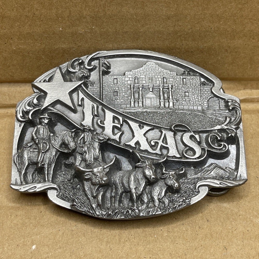 Vintage 1994 Siskiyou Texas Alamo Pewter Belt Buckle Longhorn Cowboy Made USA